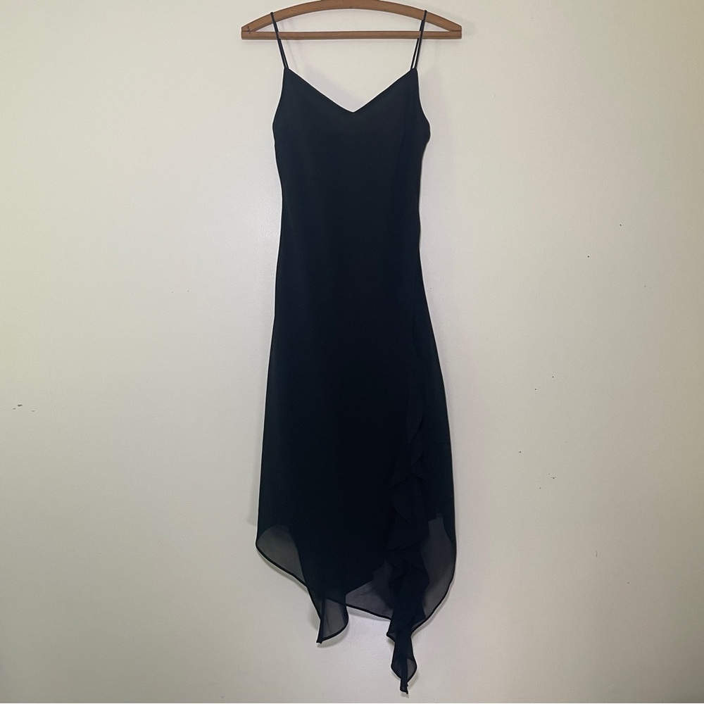 Vintage Lori Ann Sheer Black Dress Size 2 Sleeveless Handkerchief Hem Ruffles